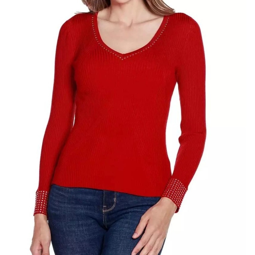 Belldini Black Label Red Sweater Ribbed Knit Rhinestone Chic Cocktail Medium